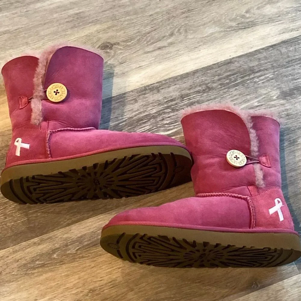 UGG Australia Pink Ribbon Tall Boots Womens Size 7 Suede Sheepskin EU 38